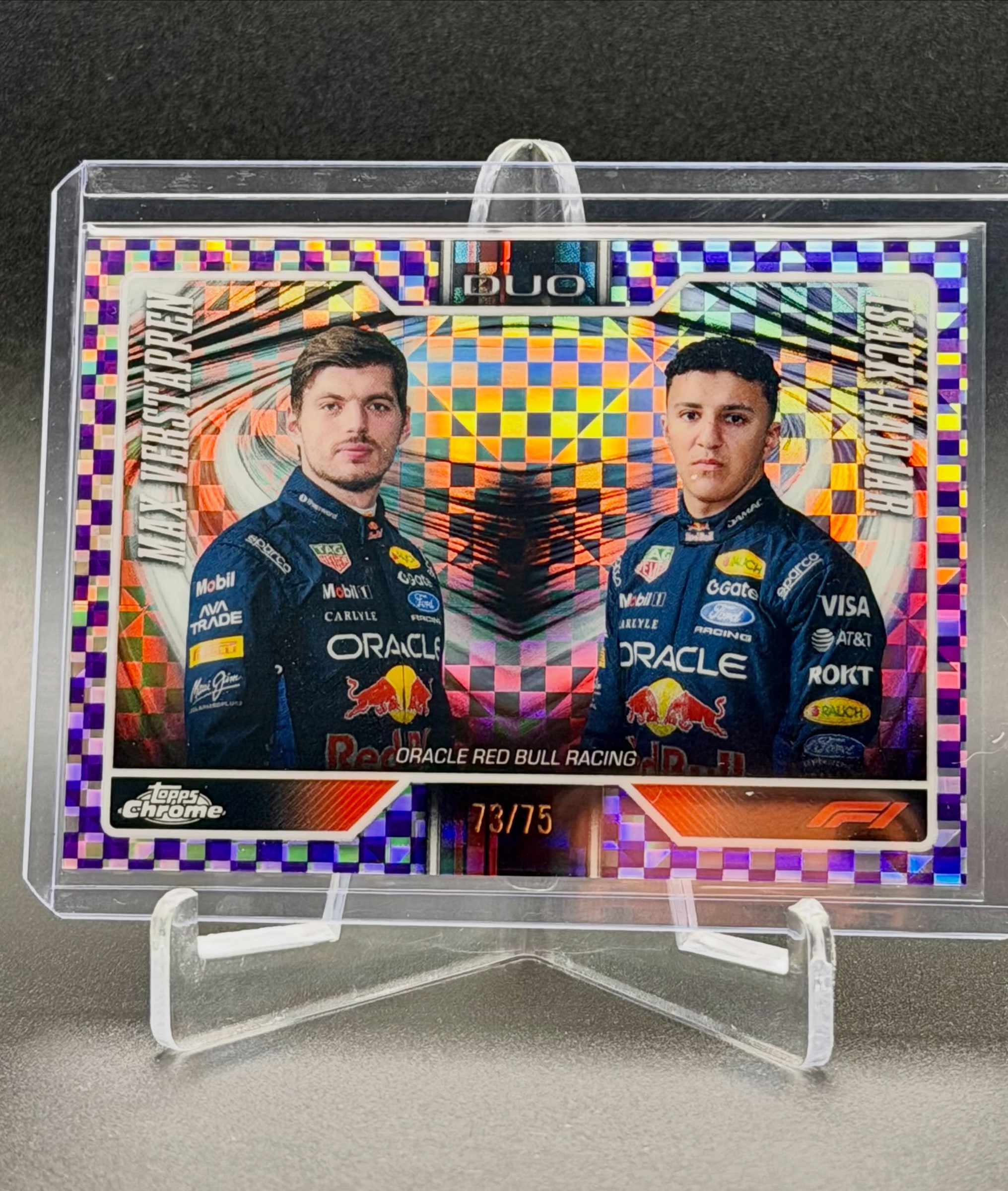 Max Verstappen / Isack Hadjar Purple Checker Flag serial 73 of 75