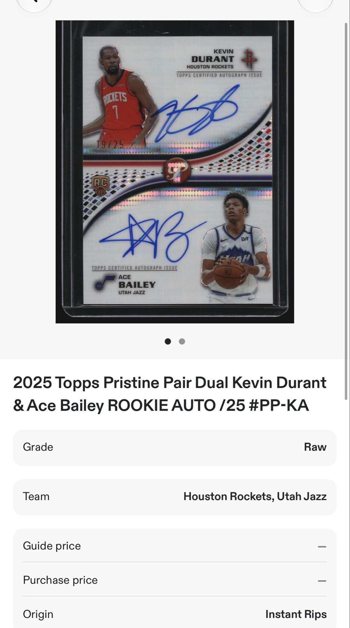 Ace Bailey / Kevin Durant Pristine Orange serial 19 of 25