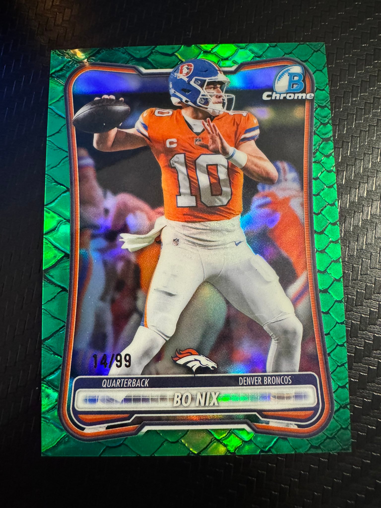 Bo Nix Green Reptilian Refractor serial 14 of 99